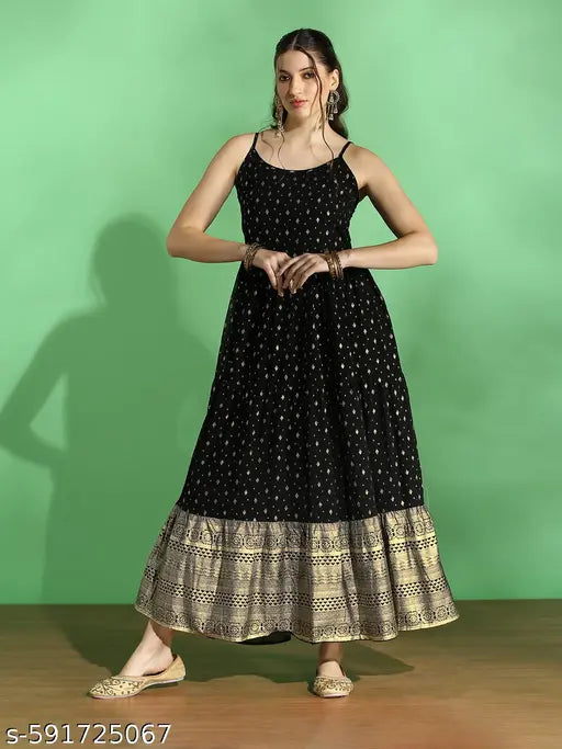 Globus Women Black Strappy Shoulder Gold Foil Ethnic Motifs Smocked Tiered Fit & Flare Maxi Festive Dress