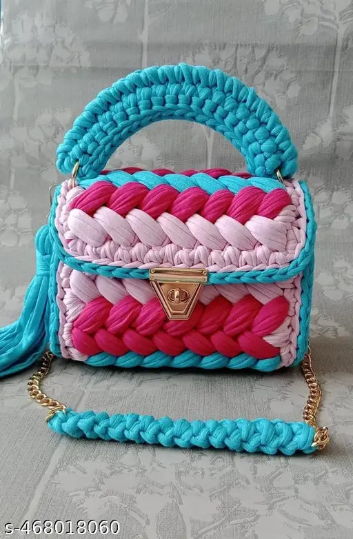 Arsh Tag Women's Stylish Hand knitted T-Shirt Yarn Crochet Bag | Macrame Bag | Crossbody Sling Bag for Women n's & Girl's (Multicolor) (Pack of 1)