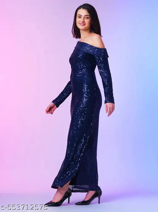 Globus Women Navy Blue One Shoulder Sequinned Bodycon Maxi Party Dress