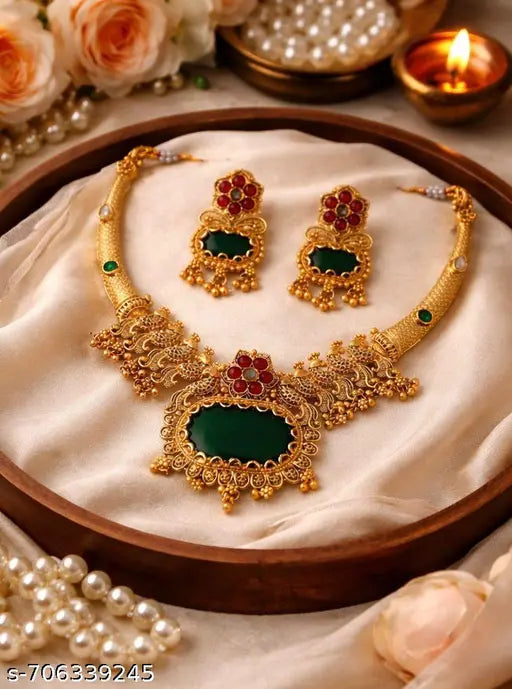 Designer Golden Kundan Temple Necklace Set with Green Kundan Stones & Matching Earrings for Women