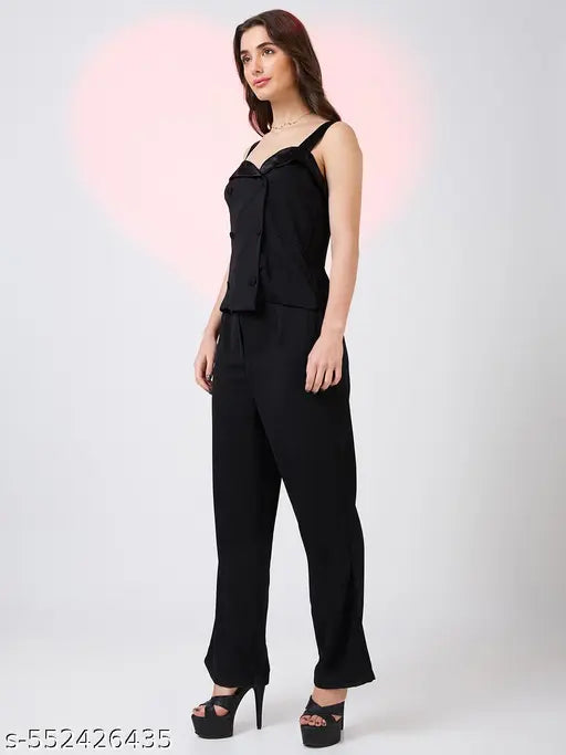 Globus Women Black Neck Strappy Sleeves Double Breasted Workwear Jumpsuit