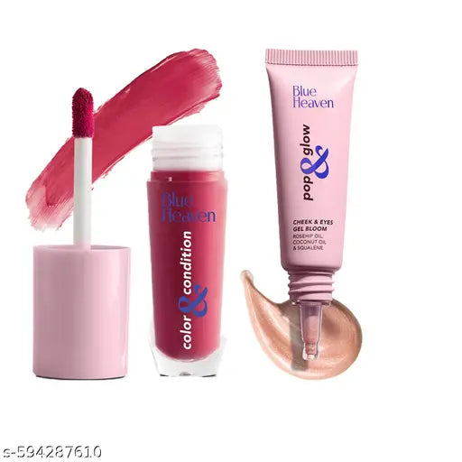 Blue Heaven Color & Condition Lip Oil, Mauve +  Pop & Glow Gel Blush 12Ml Rose Gold