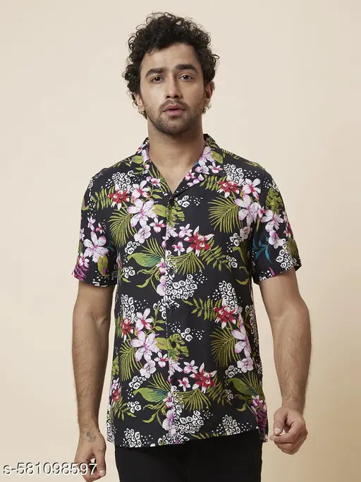 Globus Men Black Floral Printed Regular Fit Casual Resort Shirt