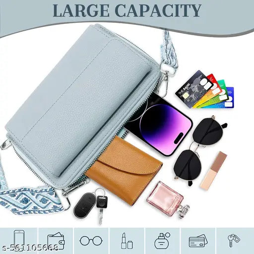 Women Blue Print Purse with Coin Bag Small PU Crossbody Phone Pouch Nylon Webbing Strap Compact Casual Shoulder Sling Bag