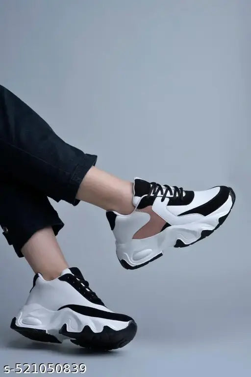 JM LOOKS Women's  Chunky Sneakers Casual Shoe Fashionable Running Walking Gym Shoes for Women's & Girl's 2 Inch Height (Black-White)