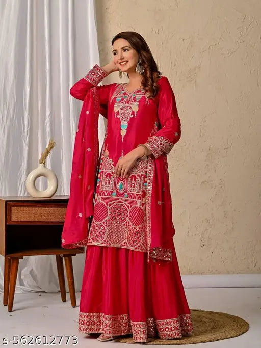 Bold in Red| Designer Sharara Suit Set for Wedding & Party Looks