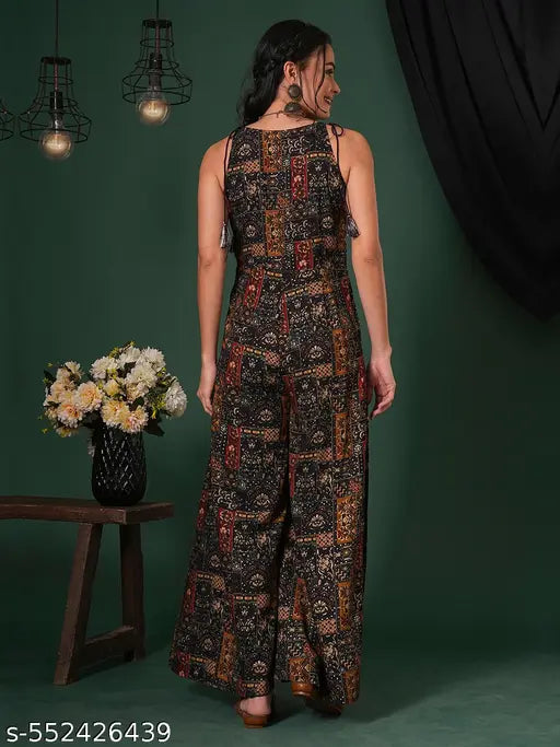 Globus Women Blue V-Neck Tassel Tie-Up Shoulder Straps Ethnic Floral Print Flared Fusion Jumpsuit
