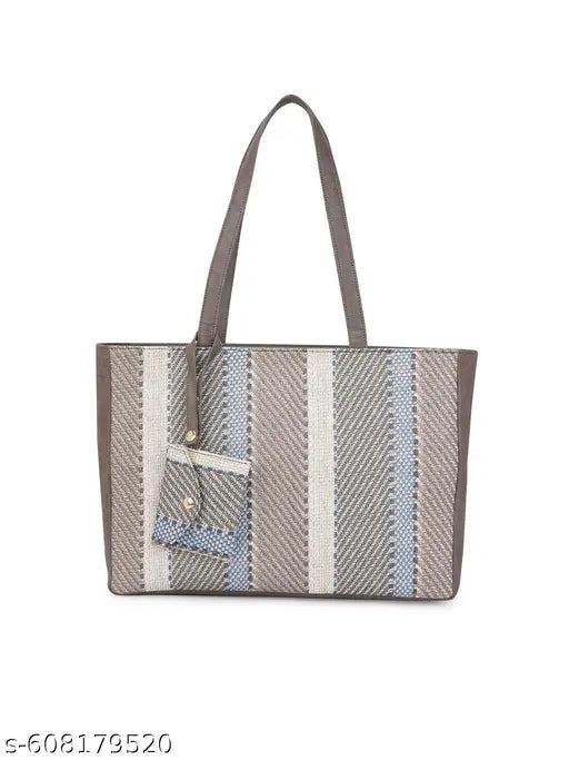 Globus Women Grey Vegan Leather Jute Abstract Print Double Handle Tote Bag With Pouch