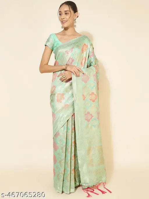 Janasya Women's Sea Green Chanderi Silk Ethnic Motifs Saree with Unstitched Blouse Piece