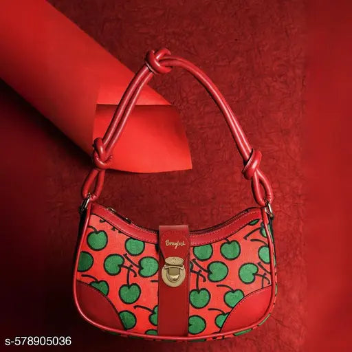 Berrylush Women Red & Green Cherry Printed PU Knot Detachable Sling Strap Embellished Shoulder Bag