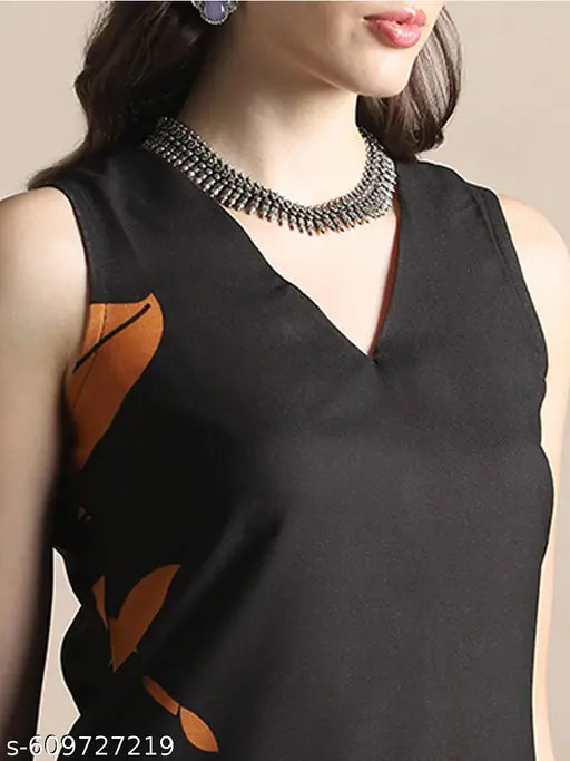 Globus Women Black V-Neck Sleeveless Floral Print Straight Kurta With Pants Fusion Set