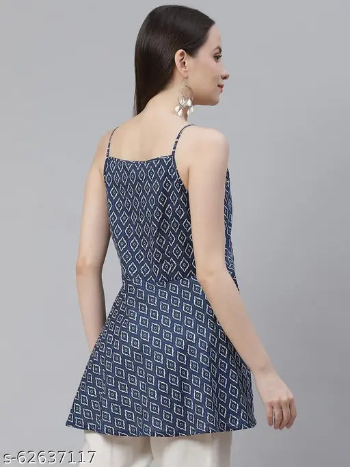 Divena Blue geometric Printed Shoulder Strip Cotton Top