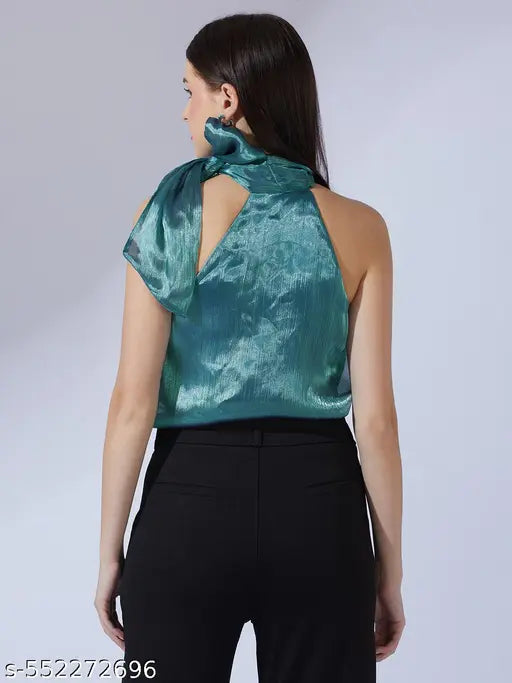 Globus Women Teal Halter Neck With Bow Tie-Up Organza Party Top