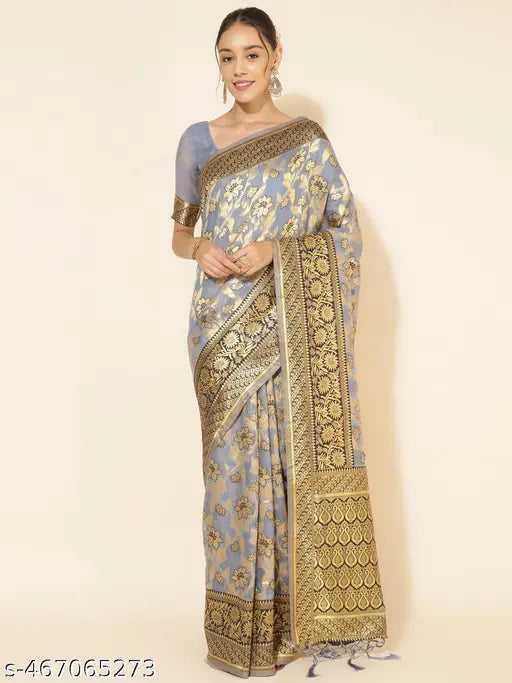 Janasya Women's Grey Chanderi Silk Floral Saree with Unstitched Blouse Piece