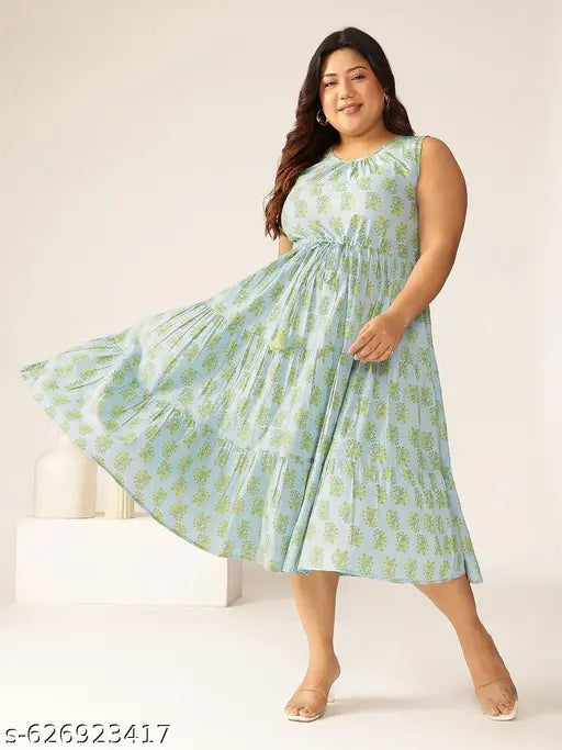 Janasya Women's Plus Size Light Blue Pure Cotton Ethnic Motifs Printed Tiered Dress