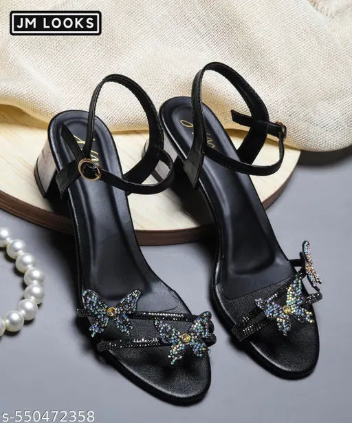 JM LOOKS Women's Block Heel Sandal Embellished Open Toe Ankle Strap 2 Inch Heel Wedding Party Heel - Black