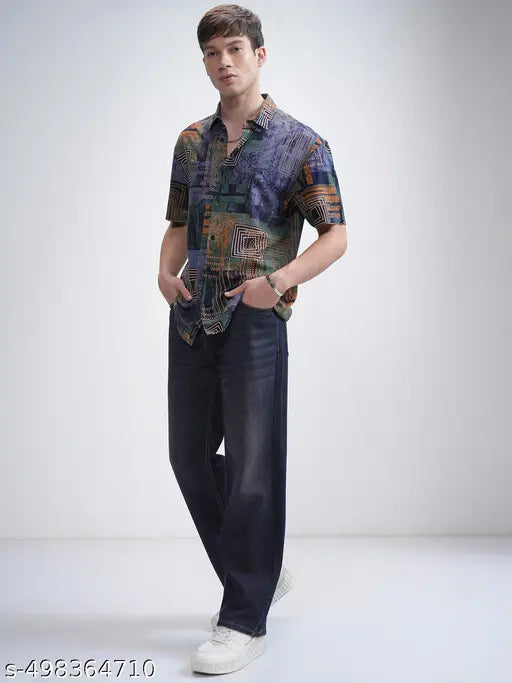 Ketch Men's Abstract Relaxed Cutaway Collar Green Shirts