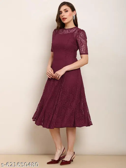 Globus Women Red Round Neck Puff Sleeves Flared Hem Panelled Floral Lace A-Line Midi Party Dress
