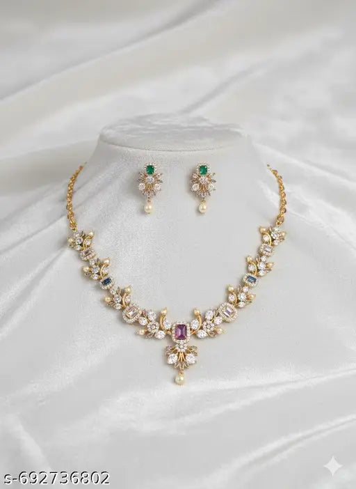 Elegant Gold Plated American  Necklace Set with Matching Earrings for Women