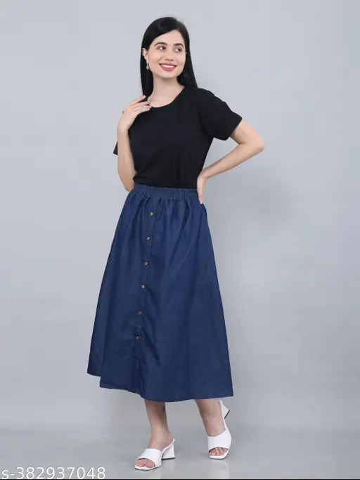 Codaisy Women's Elastic Waist A-Line Denim Skirt - Below the Knee Length Stylish Jeans Skirts
