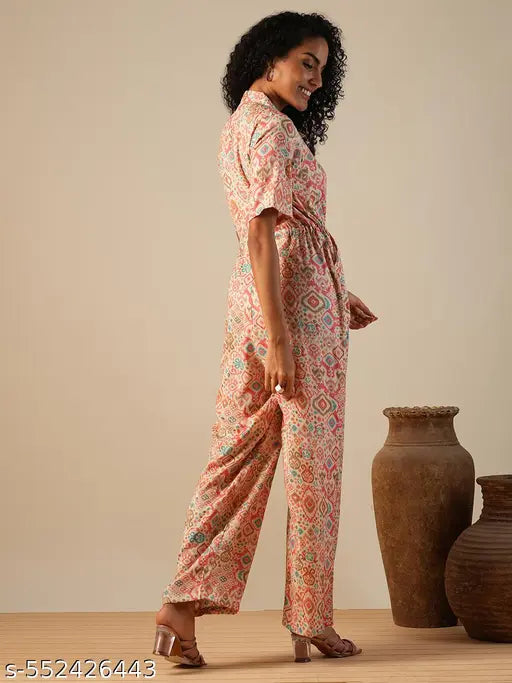 Globus Women Pink CubCollar Geometric Print Waist Tie-Ups Fusion Jumpsuit