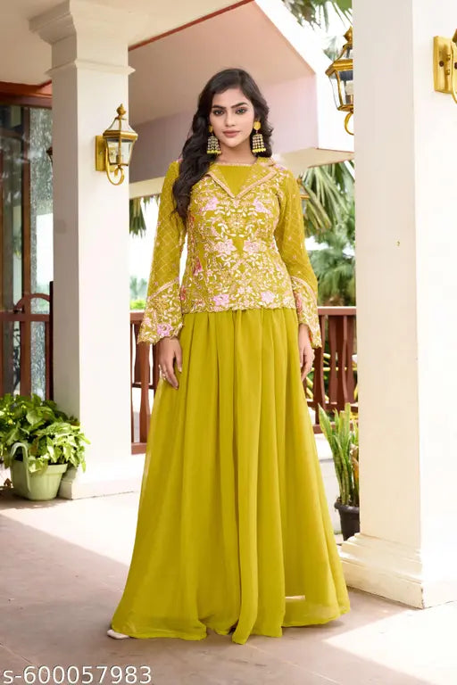 Miss Ethnik Women's Yellow Georgette Stitched Top With Stitched Bottom Full Sleeve Embroidered Straight Kurta (Lehenga Set) (ME-1291-Yellow)