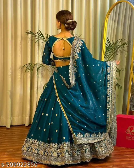 NEW WOMEN LEHENGA CHOLI WITH HEAVY EMBROIDERY THREAD SAQUENCED WORK