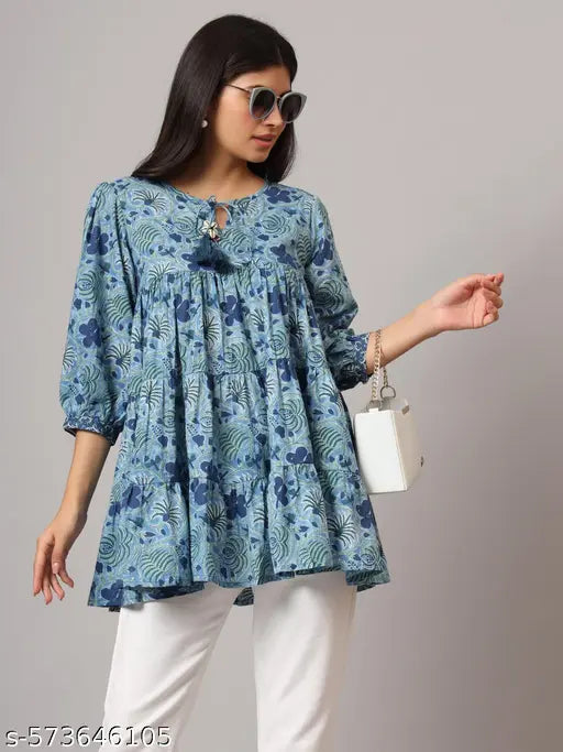 FABRIC FITOOR Trendy Blue Floral Printed Cotton Flared Women’s Top Trendy Blue Floral Printed Cotton Flared Women’s Top(Blue)