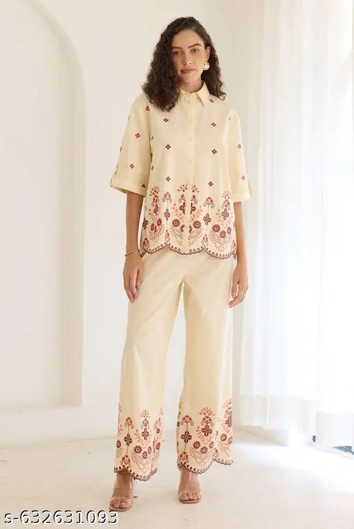 Elegant Cream Co-Ord Set for Women | Designer Rayon Shirt & Pant Set | Stylish Printed Ethnic Casual Wear Outfit