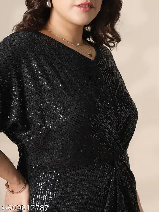 Globus Gloplus Women Black V-Neck Extended Sleeves Twisted Detail Sequinned Mini Sheath Plus size Party Dress