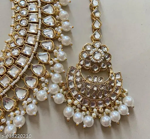 Royal Gold White Pearl Kundan Bridal Choker Necklace Set for Women & Girls | Wedding Jewellery Set with Earrings & Maang Tikka