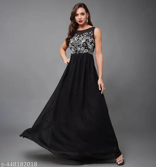 Miss Chase Women's Black Boat Neck Sleeveless Solid Embellished Maxi Dress