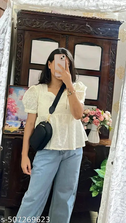 Flaired Cream Hakoba Cotton Top