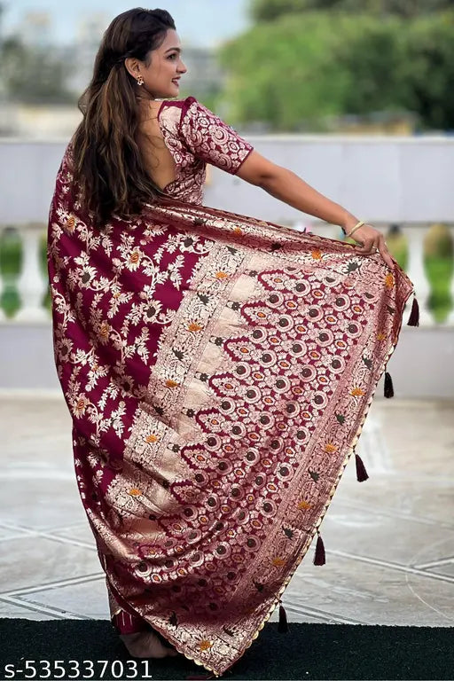 ROOP LAVANYA Wine Kanjeevaram Pure Soft Silk Saree With Unstiched Blouse Piece