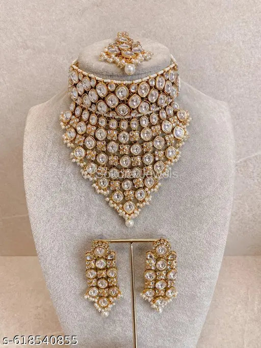 Royal Gold White Pearl Kundan Bridal Choker Necklace Set for Women & Girls | Wedding Jewellery Set with Earrings & Maang Tikka