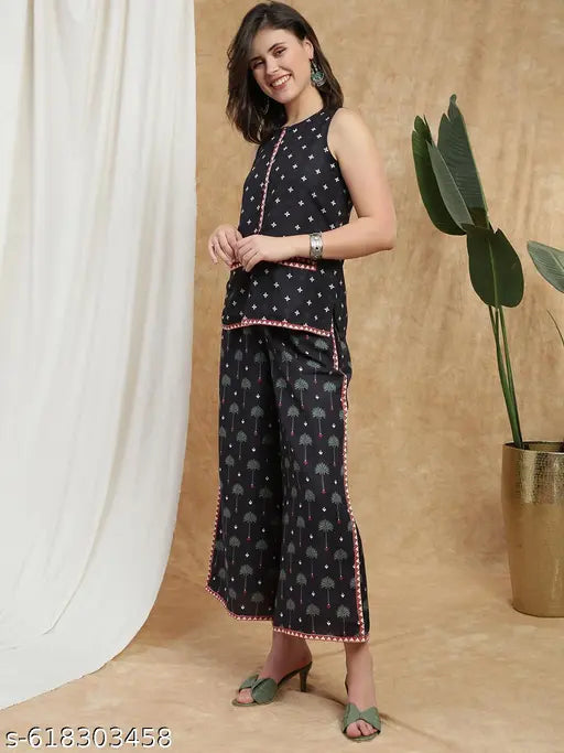 Globus Women Black Round Neck Mandarin Collar Ethnic Print Flared Tunic & Palazzos Fusion Co-Ord Set