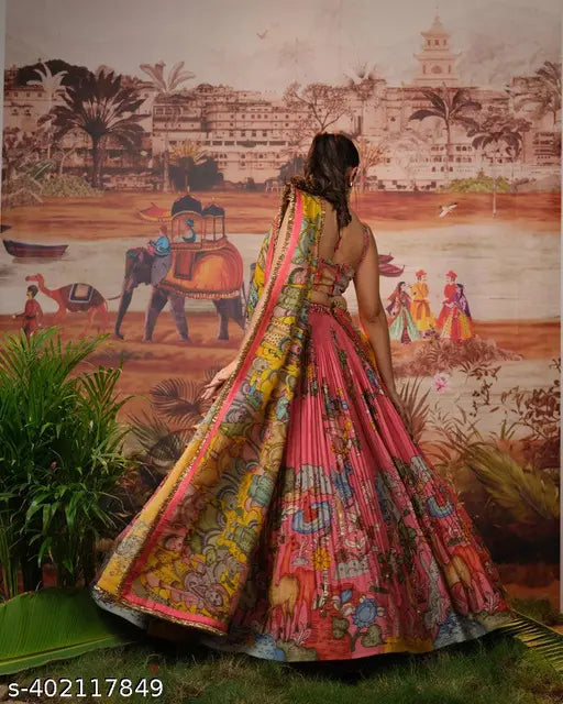 Pink Kalamkari Silk Crush Lehenga