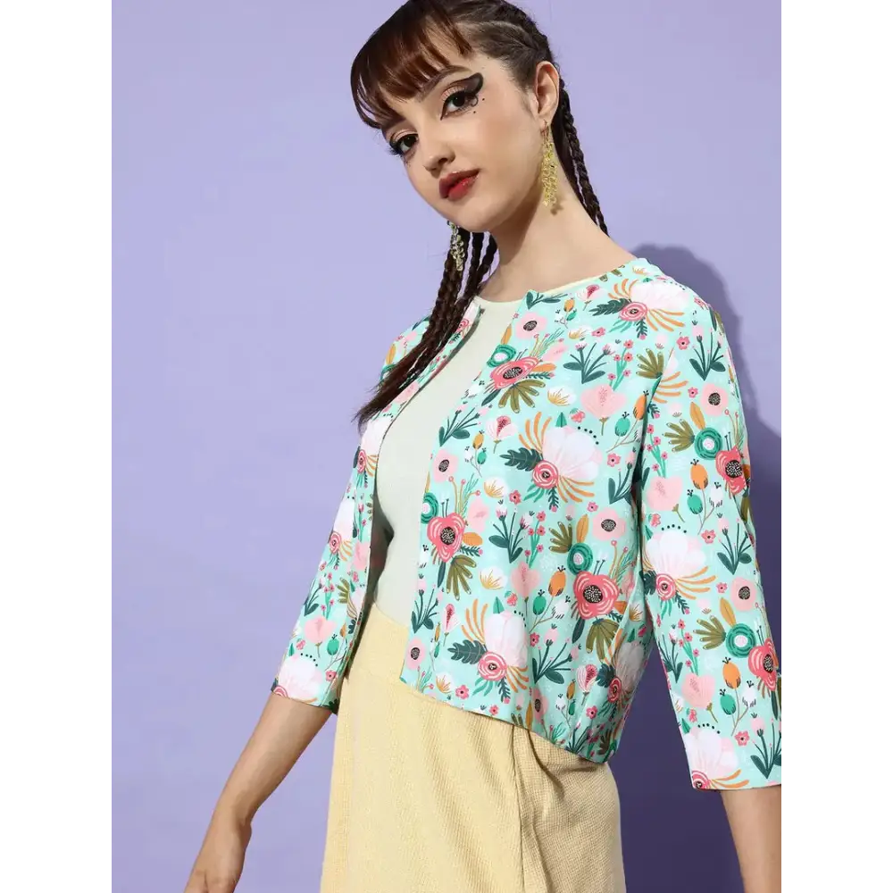 Stylish Green Polyester Floral Print Shrugs For Women