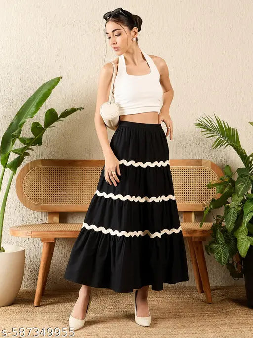 Honky Tonky Black Flared Crepe Maxi Skirt with Tiered Lace Design