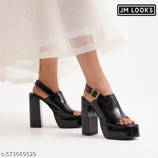 JM LOOKS Women's High Heel Sandal Prom Party Back Strap Chunky Heeled Sandal - Black