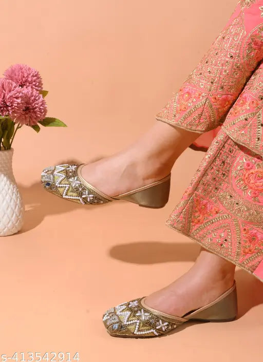 JM LOOKS Stylish Juttis & Mojaris Traditional Hand Embroidered Stone Designs for Women & Girls (Green)