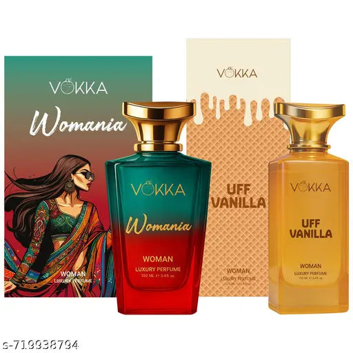 VOKKA Womania & Uff Vanilla 2x100ml | Luxury Long Lasting Perfume for Woman | Scent with Fruity Floral Notes | Eau de Parfum | Notes: Saffron, Peony, Oakmoss, Caramel, Vanilla & Musk Wood