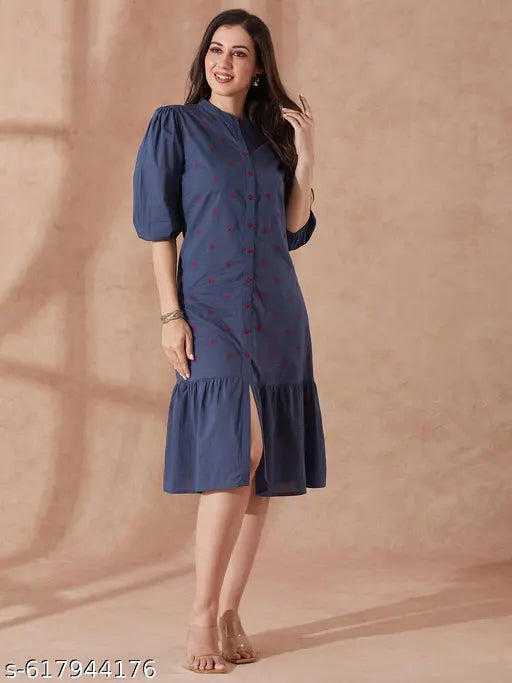 Globus Women Blue Round Neck Puff Sleeves Floral Embroidered Tiered Flared Hem Midi A-Line Dress