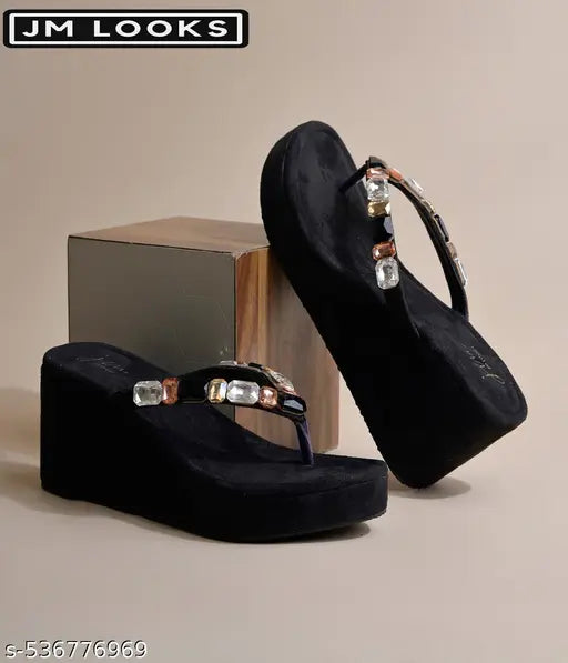 JM Looks Women's Rhinestone Sandals High | Low Platform T-Strap Jewel Sandals High Wedge Flip Flops Sandal Summer Beach Sandal