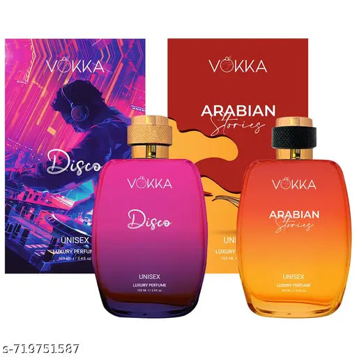 VOKKA Disco & Arabian Stories 2x100ml |  Unisex Luxury Long Lasting Perfume For Men & Women | Eau De Parfum | EDP Fragrance for Gift | Travel & Skin Friendly | Notes: Amber Leathery, Fruity Musky
