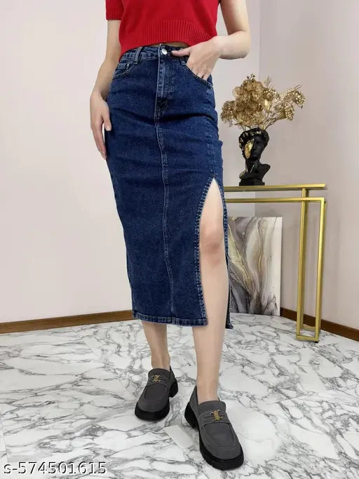 CORAL Women’s High-Waist A-Line Denim Skirt with Front Slit – Stylish Casual Midi Skirt with Pockets