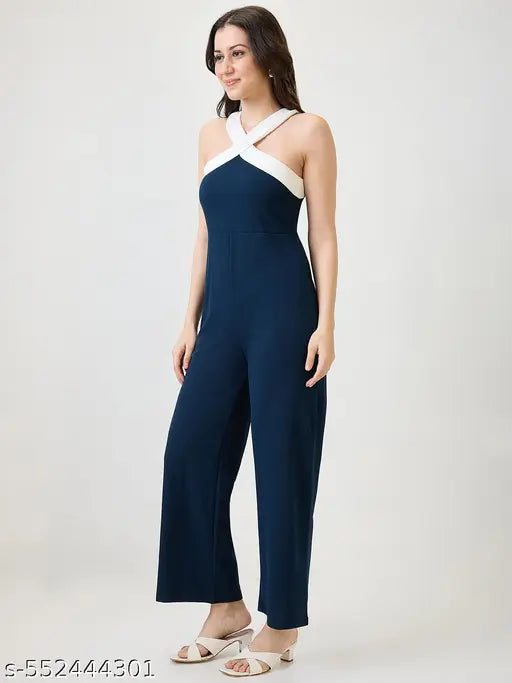 Globus Women Navy Blue Halter Back Neck Party Jumpsuit
