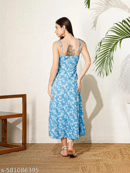 Berrylush Women Blue Floral Print With V-Neck & Puff Sleeves A-Line Midi Dress