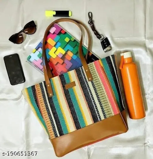 ZIPPERED Stripes College Tote Bag For Women - Western | Large Tote Bag for Women | Women Black Synthetic Solid Fashion Handbags | Geometric Print Tote Bag