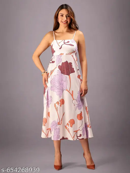 HELLCAT Womens Floral Printed Pink Shoulder Straps dress | Western A-Line Midi Dress for Womens | Womens Stylish Noodle strap Party Dress